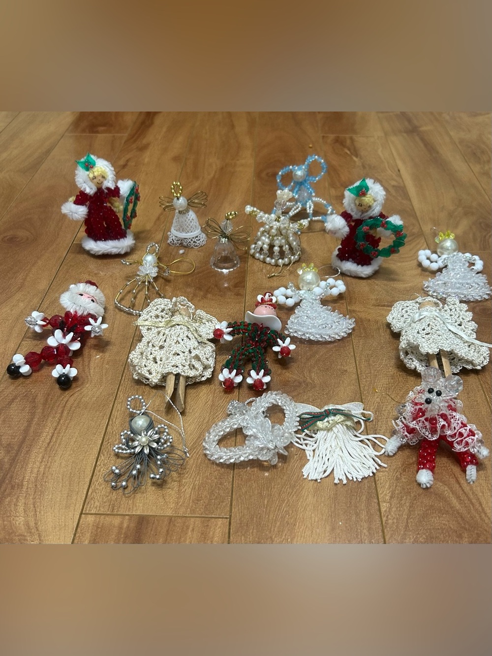 Vintage 1970s Beaded Angels Mouse Santa Christmas Ornaments Lot of 17